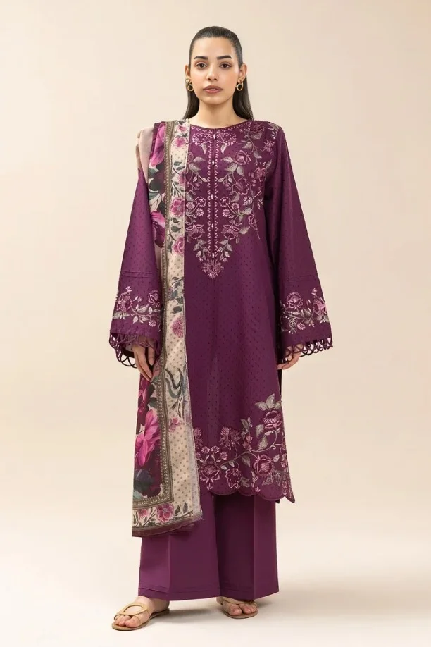 59156266168 Beechtree – 3pcs Dhanak Embroidered With Wool Printed Shawl – 840 - Image 1